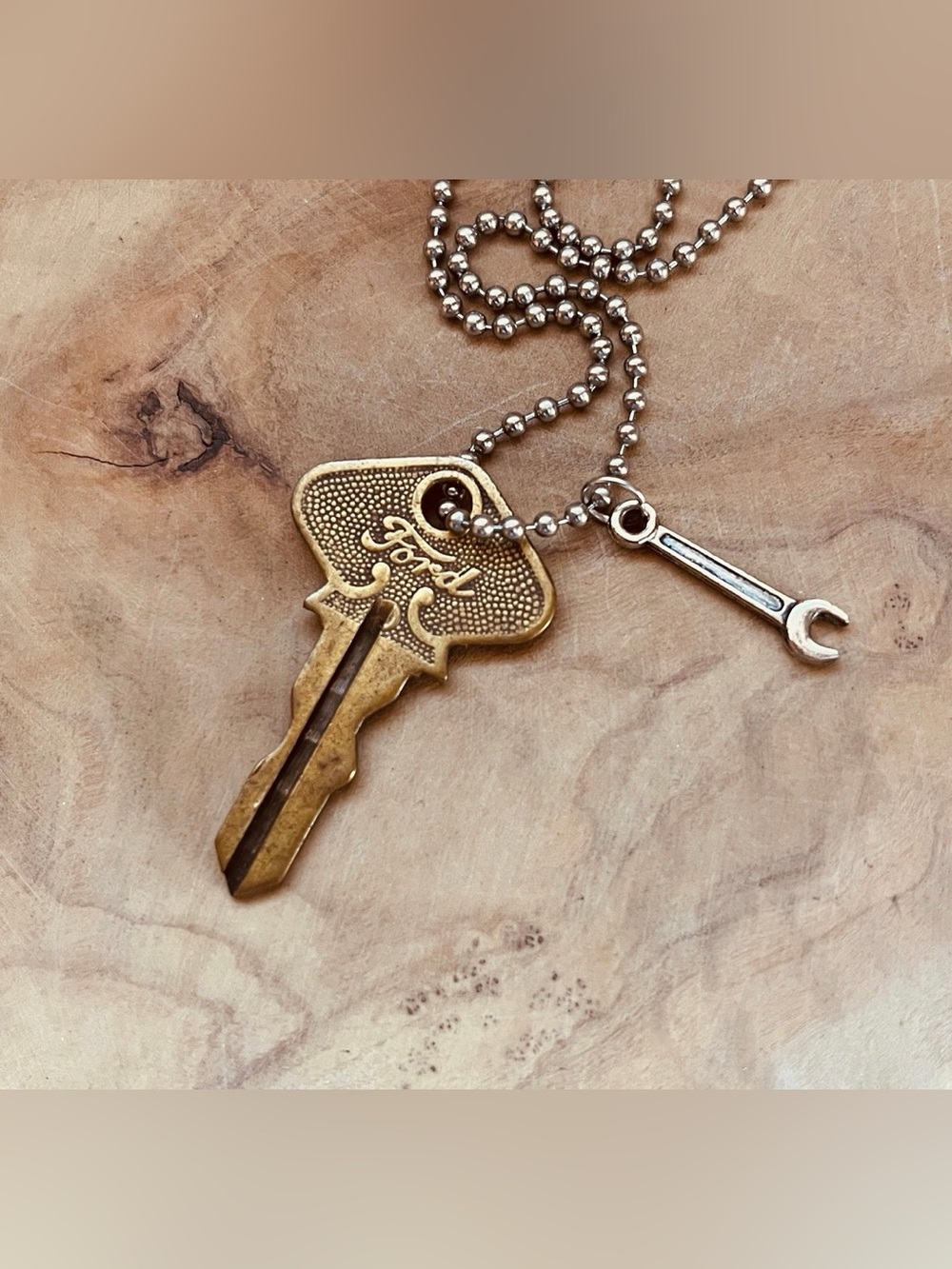 Vintage Ford Model T key necklace with wrench charm
